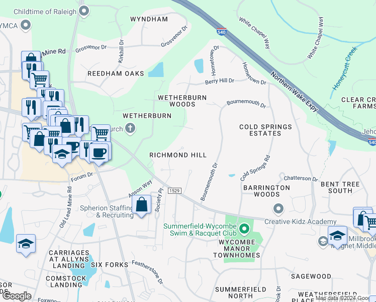 map of restaurants, bars, coffee shops, grocery stores, and more near 8816 Valentine Court in Raleigh