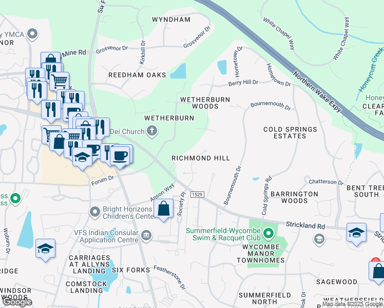 map of restaurants, bars, coffee shops, grocery stores, and more near 8801 Valentine Court in Raleigh