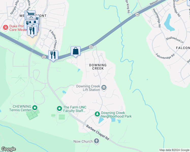 map of restaurants, bars, coffee shops, grocery stores, and more near 6302 Downing Creek Parkway in Chapel Hill