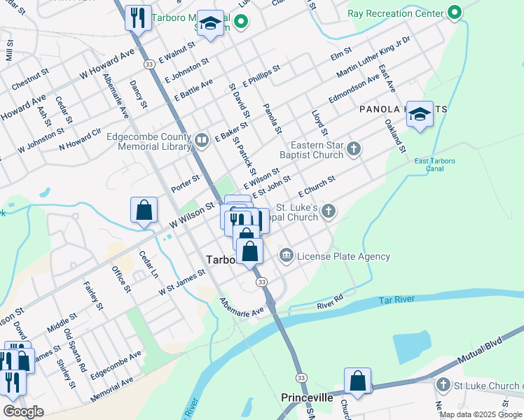 map of restaurants, bars, coffee shops, grocery stores, and more near 500-506 Saint Patrick Street in Tarboro