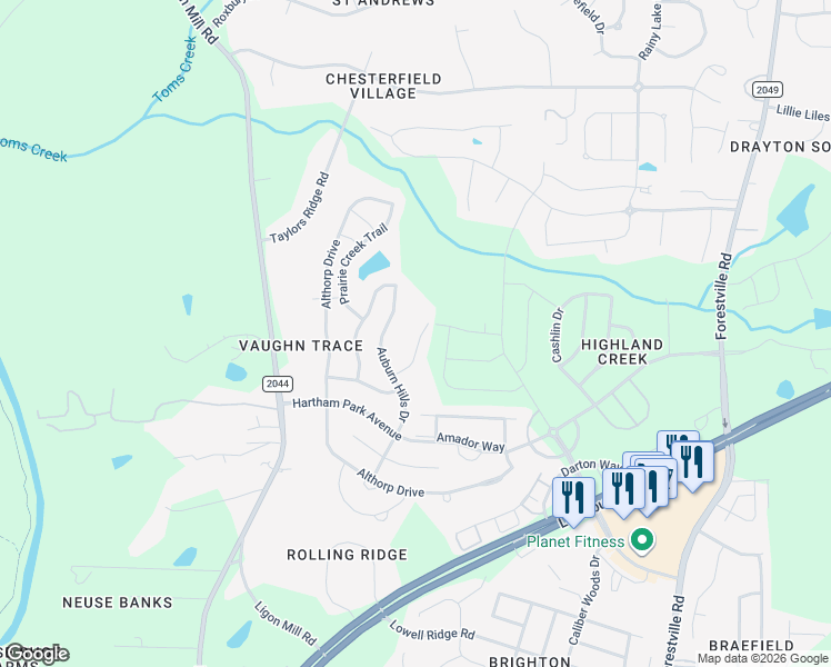 map of restaurants, bars, coffee shops, grocery stores, and more near 8147 Feldwig Place in Raleigh