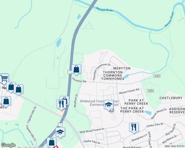 map of restaurants, bars, coffee shops, grocery stores, and more near 8890 Commons Townes Drive in Raleigh