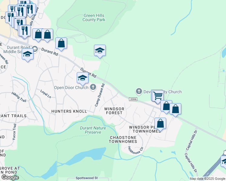 map of restaurants, bars, coffee shops, grocery stores, and more near 9708 Dansington Court in Raleigh