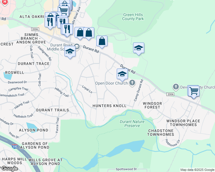 map of restaurants, bars, coffee shops, grocery stores, and more near 3612 Summer Leaf Court in Raleigh