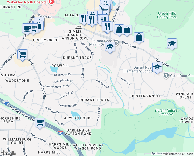 map of restaurants, bars, coffee shops, grocery stores, and more near 2804 Polesdon Court in Raleigh