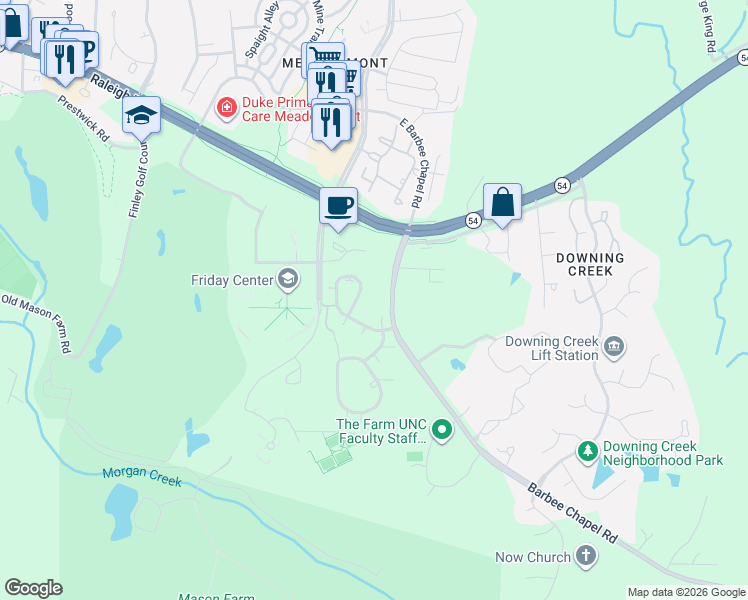 map of restaurants, bars, coffee shops, grocery stores, and more near 139 Brookberry Circle in Chapel Hill