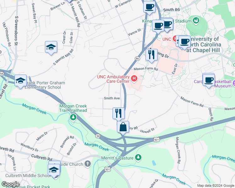 map of restaurants, bars, coffee shops, grocery stores, and more near 812 Old Pittsboro Road in Chapel Hill