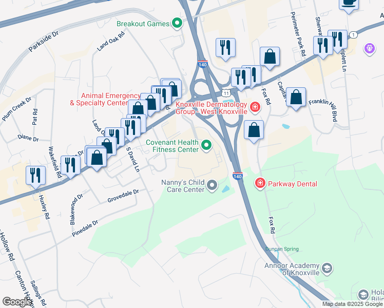 map of restaurants, bars, coffee shops, grocery stores, and more near 200 Fort Sanders West Boulevard in Knoxville