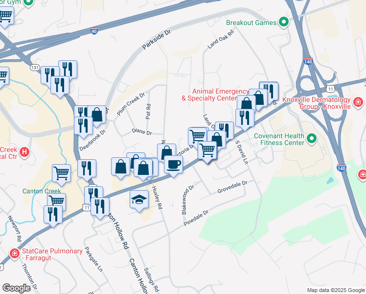 map of restaurants, bars, coffee shops, grocery stores, and more near 104 Cynthia Lane in Knoxville