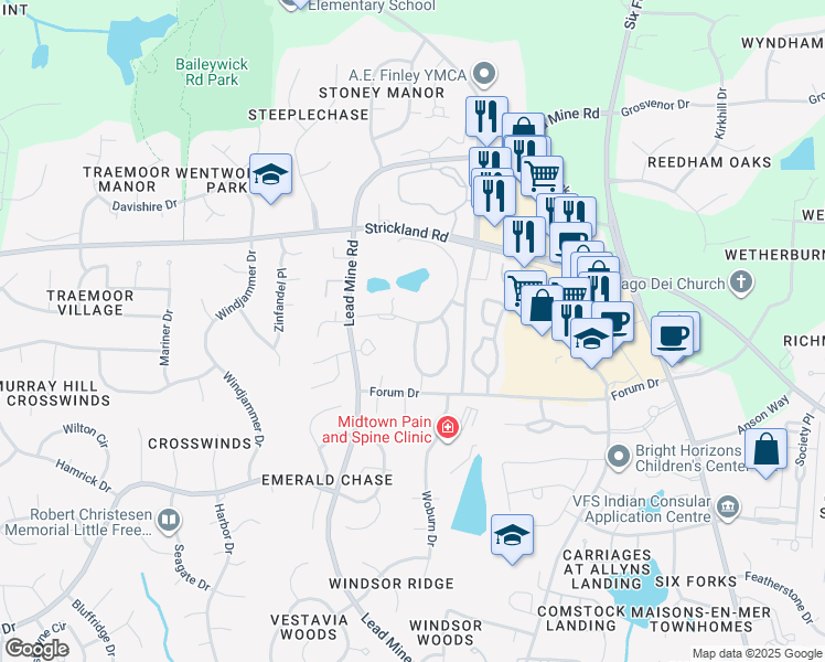 map of restaurants, bars, coffee shops, grocery stores, and more near 8604 Cypress Lakes Drive in Raleigh