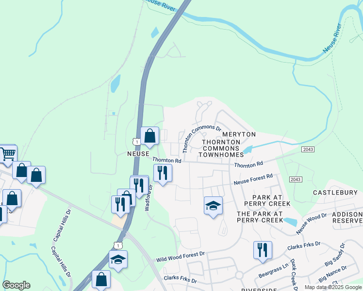 map of restaurants, bars, coffee shops, grocery stores, and more near 8890 Commons Townes Drive in Raleigh