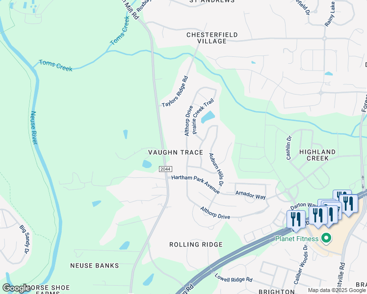 map of restaurants, bars, coffee shops, grocery stores, and more near 3528 Althorp Drive in Raleigh