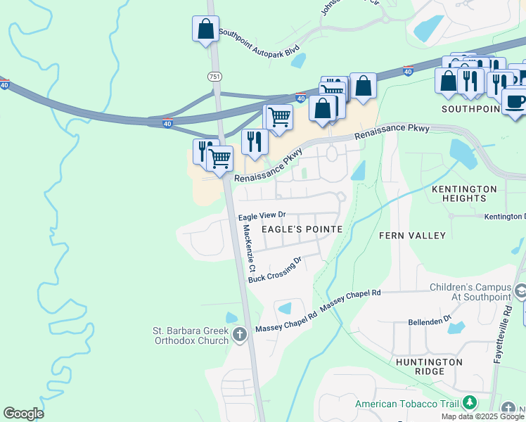map of restaurants, bars, coffee shops, grocery stores, and more near 8408 Eagle View Drive in Durham