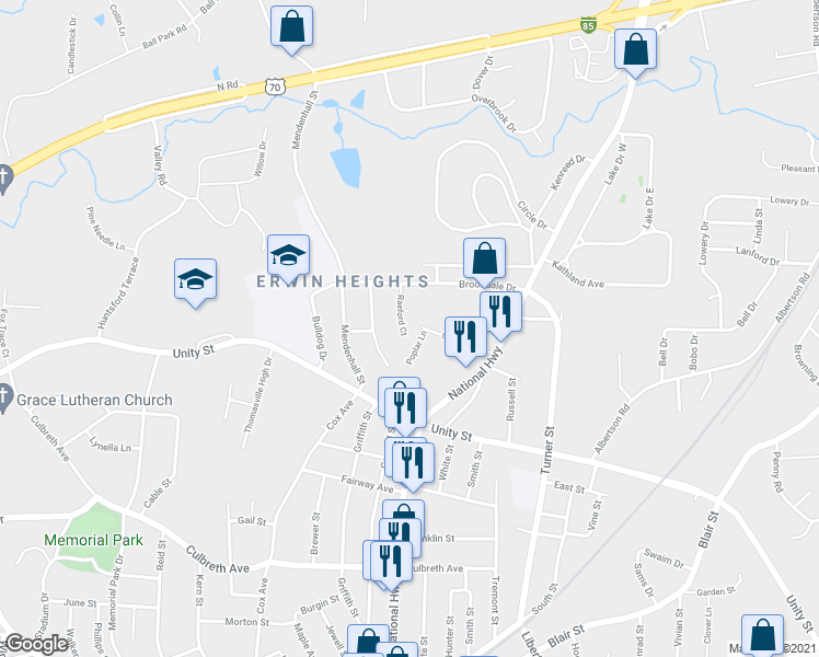 map of restaurants, bars, coffee shops, grocery stores, and more near 114 Raeford Court in Thomasville