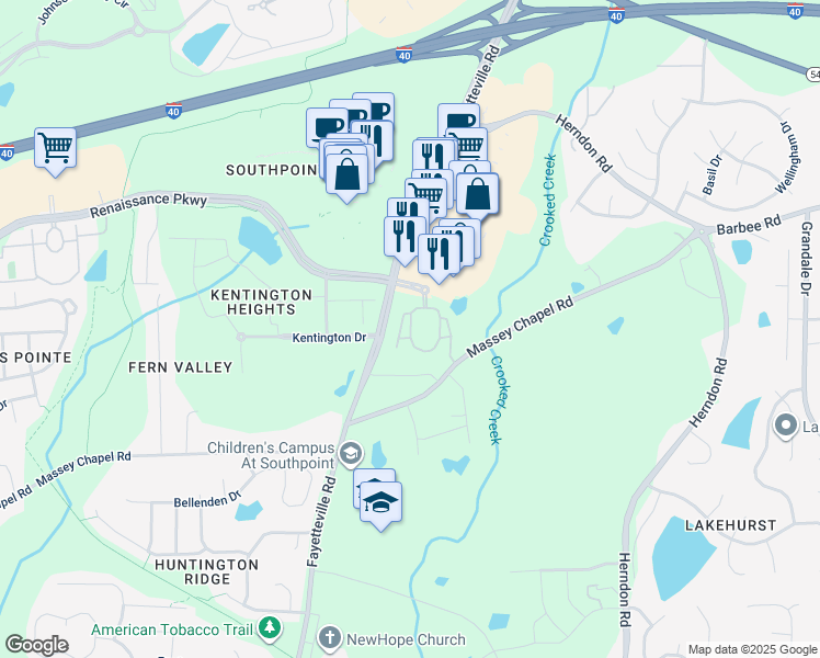 map of restaurants, bars, coffee shops, grocery stores, and more near 125 Village Circle Way in Durham
