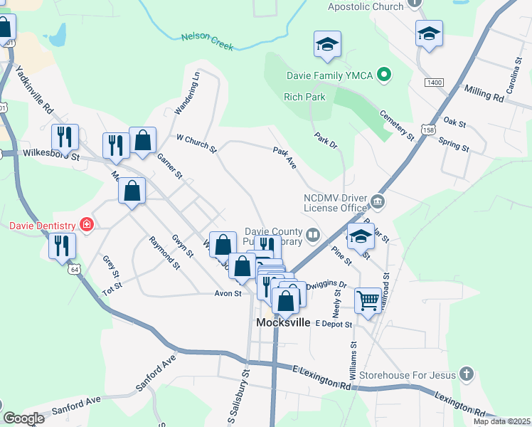 map of restaurants, bars, coffee shops, grocery stores, and more near 173 West Church Street in Mocksville