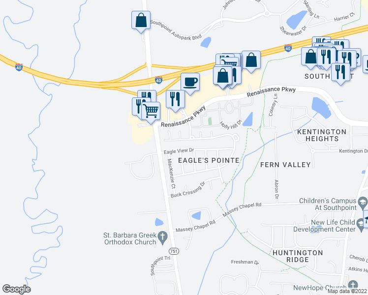 map of restaurants, bars, coffee shops, grocery stores, and more near 8406 Eagle View Drive in Durham