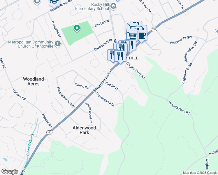 map of restaurants, bars, coffee shops, grocery stores, and more near 1417 Rudder Lane in Knoxville