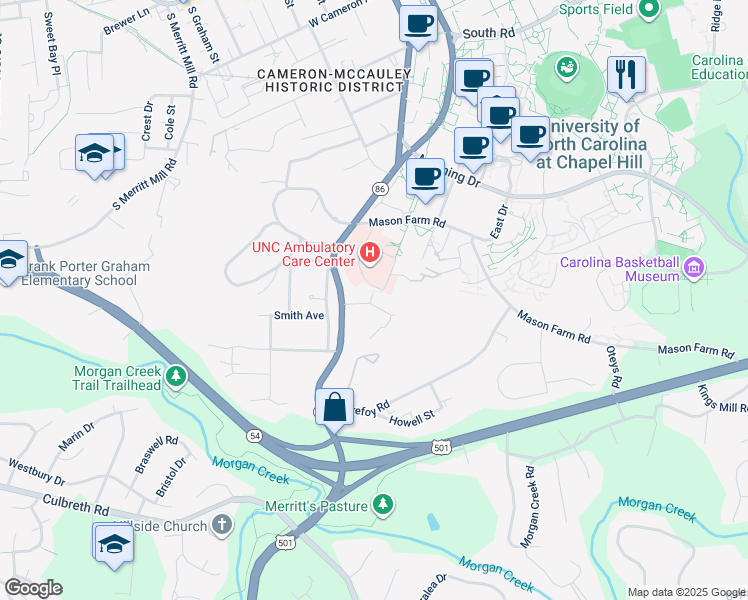 map of restaurants, bars, coffee shops, grocery stores, and more near 105 Chase Avenue in Chapel Hill
