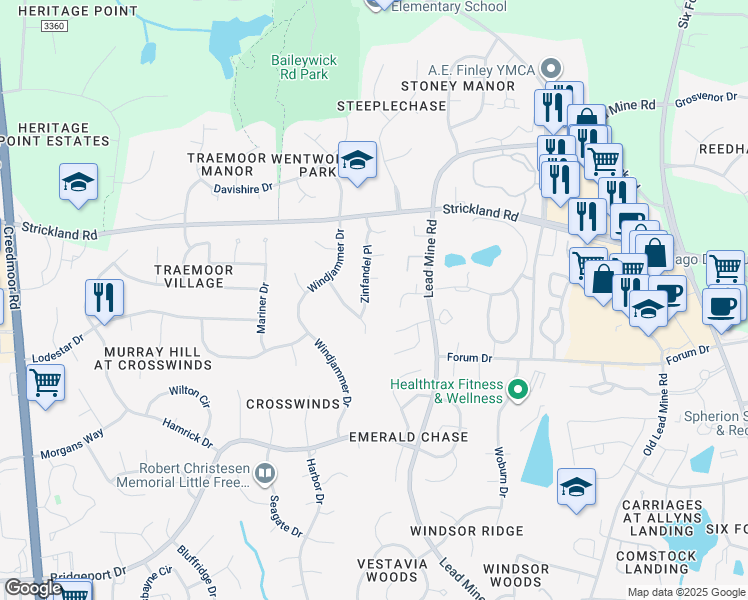 map of restaurants, bars, coffee shops, grocery stores, and more near 8505 Zinfandel Place in Raleigh
