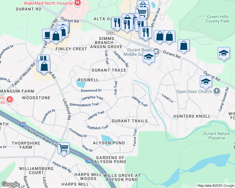 map of restaurants, bars, coffee shops, grocery stores, and more near 8904 Cub Trail in Raleigh