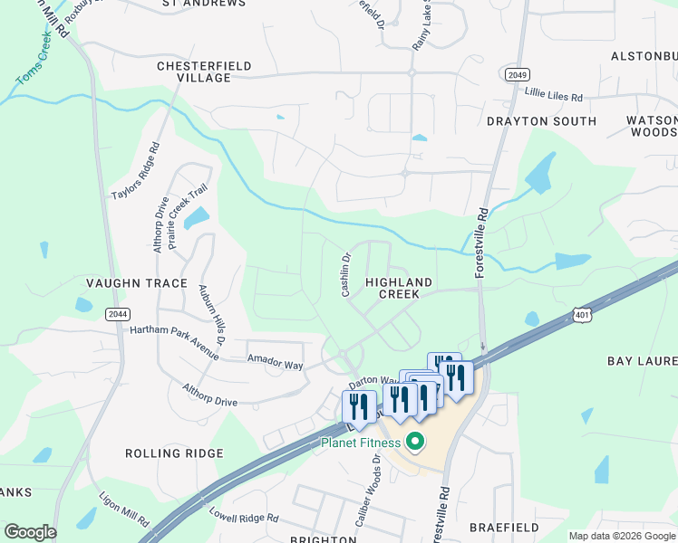 map of restaurants, bars, coffee shops, grocery stores, and more near 2716 Cashlin Drive in Raleigh
