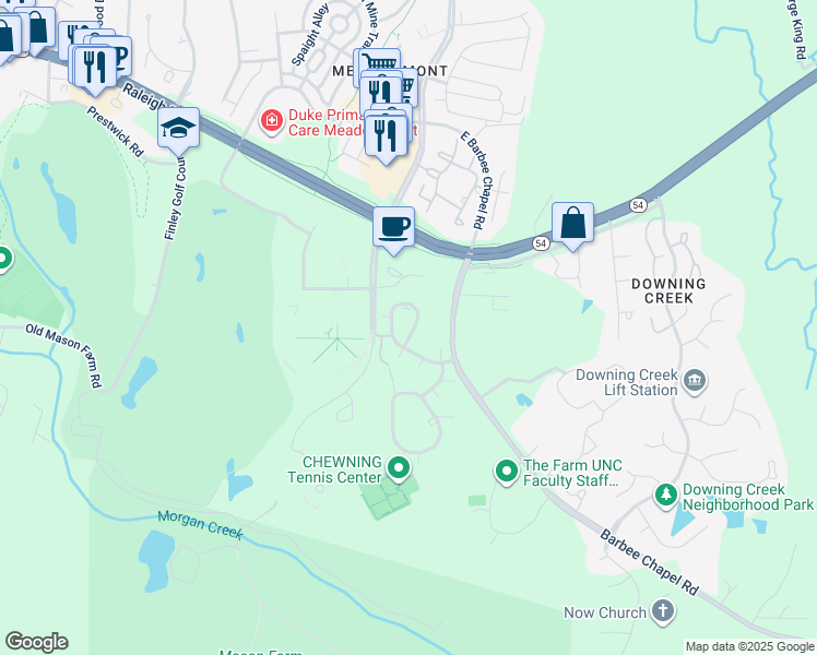 map of restaurants, bars, coffee shops, grocery stores, and more near 323 Brookberry Circle in Chapel Hill