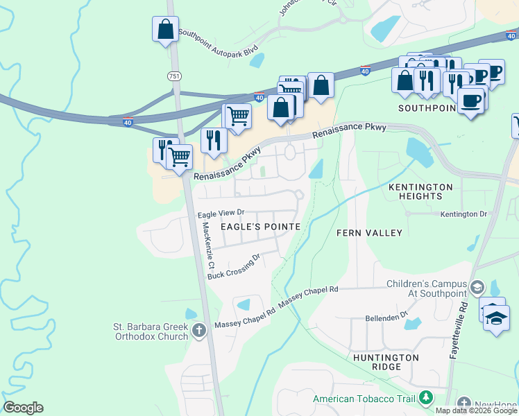 map of restaurants, bars, coffee shops, grocery stores, and more near 8308 Eagle View Drive in Durham