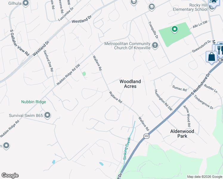 map of restaurants, bars, coffee shops, grocery stores, and more near 1128 Wallace Road in Knoxville