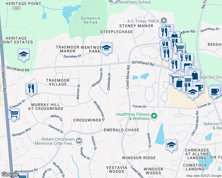 map of restaurants, bars, coffee shops, grocery stores, and more near 8505 Zinfandel Place in Raleigh