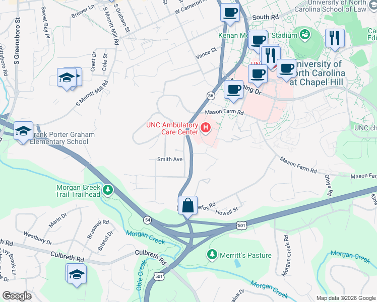 map of restaurants, bars, coffee shops, grocery stores, and more near 811B Old Pittsboro Road in Chapel Hill