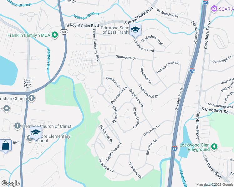 map of restaurants, bars, coffee shops, grocery stores, and more near 653 Tynebrae Drive in Franklin