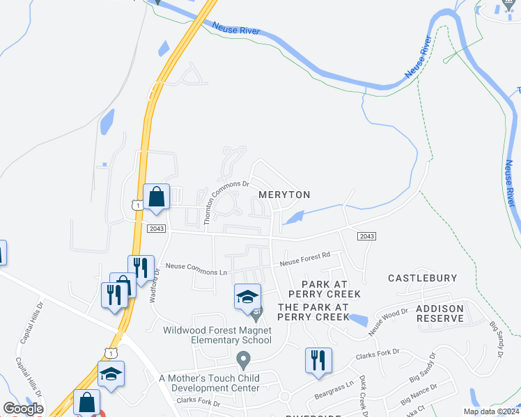 map of restaurants, bars, coffee shops, grocery stores, and more near 8825 Thornton Garden Lane in Raleigh