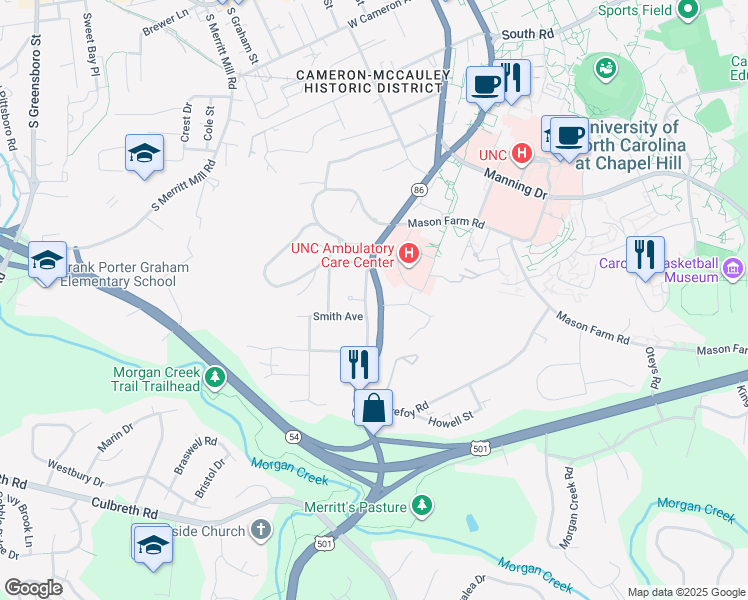 map of restaurants, bars, coffee shops, grocery stores, and more near 809 Old Pittsboro Road in Chapel Hill