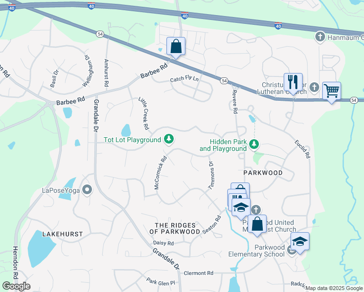 map of restaurants, bars, coffee shops, grocery stores, and more near 5106 McCormick Road in Durham