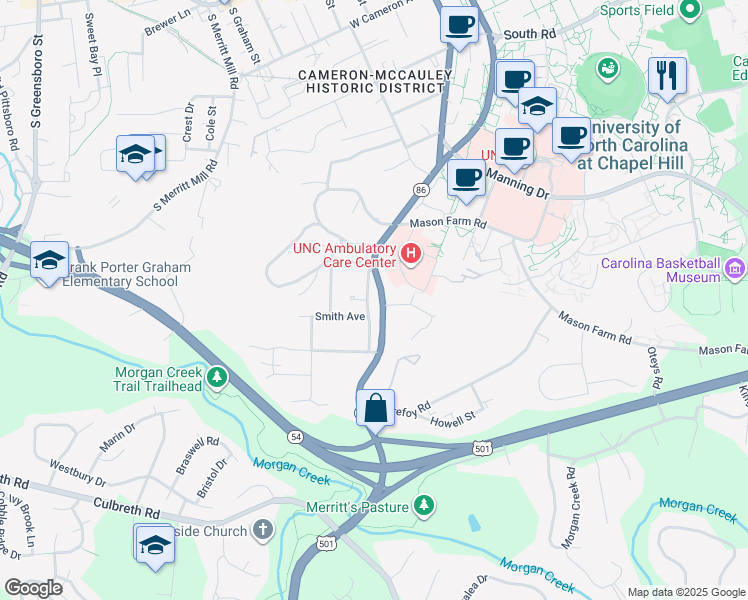 map of restaurants, bars, coffee shops, grocery stores, and more near 811B Old Pittsboro Road in Chapel Hill