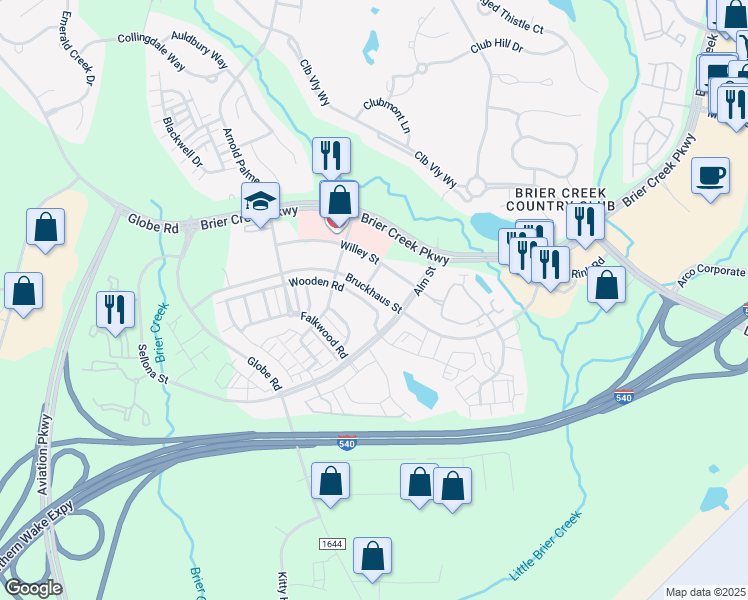 map of restaurants, bars, coffee shops, grocery stores, and more near 9132 Wooden Road in Raleigh