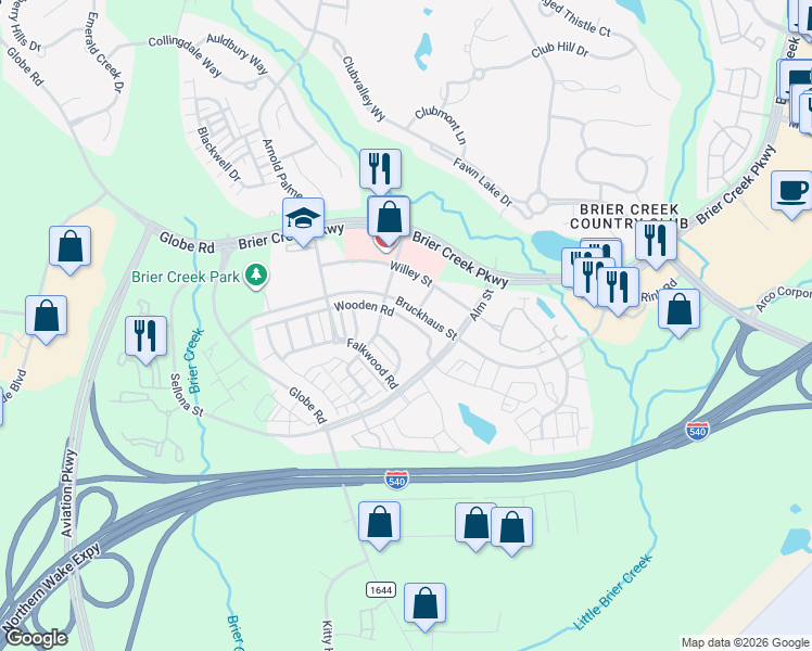map of restaurants, bars, coffee shops, grocery stores, and more near 9157 Wooden Road in Raleigh