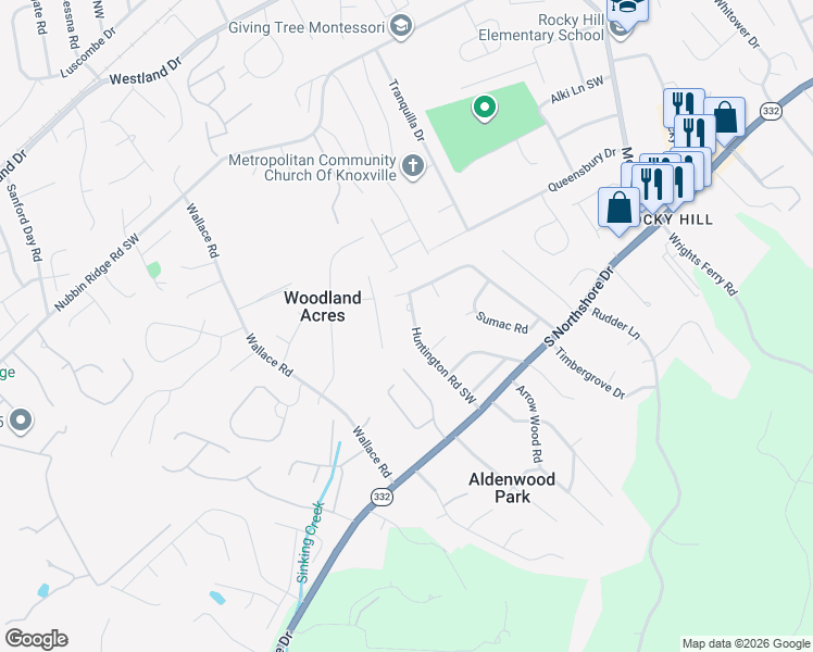 map of restaurants, bars, coffee shops, grocery stores, and more near 1212 Huntington Road Southwest in Knoxville