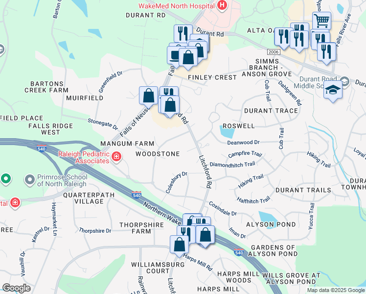 map of restaurants, bars, coffee shops, grocery stores, and more near 8905 Brookstone Court in Raleigh
