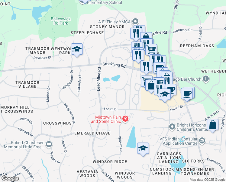 map of restaurants, bars, coffee shops, grocery stores, and more near 8602 Cypress Lakes Drive in Raleigh
