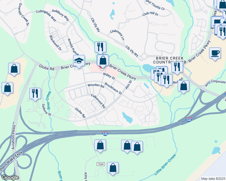 map of restaurants, bars, coffee shops, grocery stores, and more near 9132 Wooden Road in Raleigh