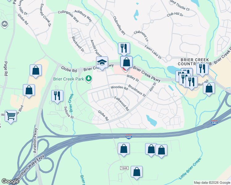 map of restaurants, bars, coffee shops, grocery stores, and more near 10109 Falls Meadow Court in Raleigh