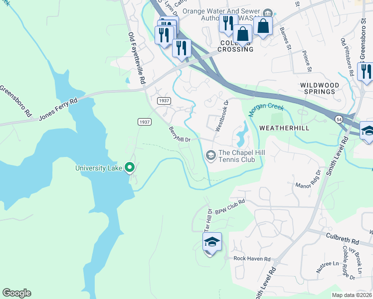 map of restaurants, bars, coffee shops, grocery stores, and more near 110 Primrose Lane in Carrboro