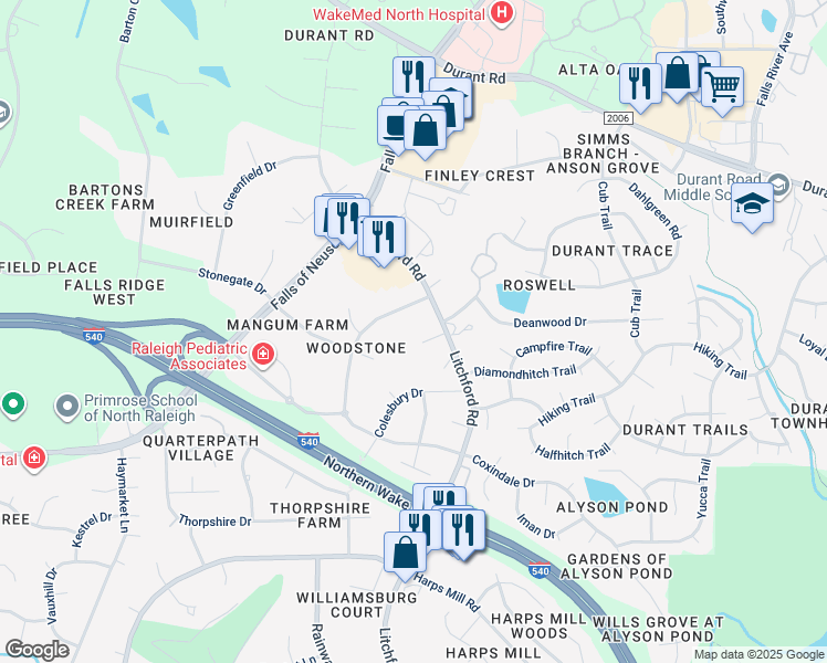 map of restaurants, bars, coffee shops, grocery stores, and more near 8905 Brookstone Court in Raleigh