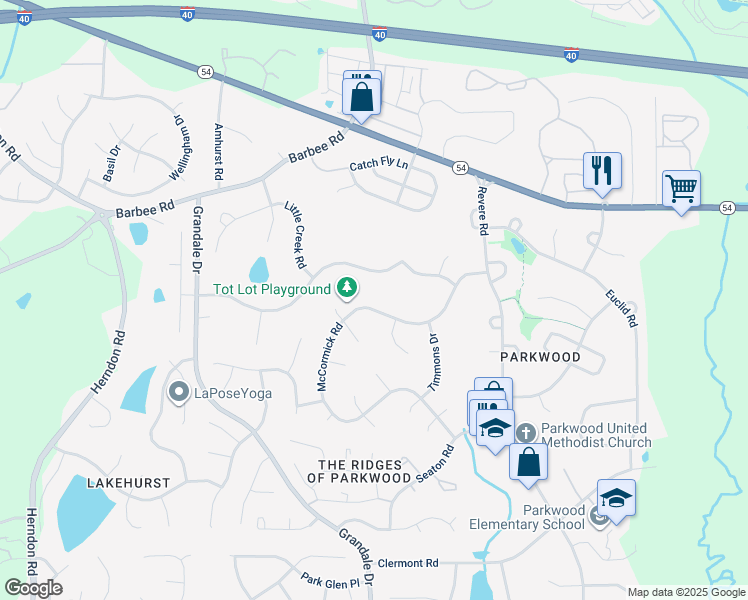map of restaurants, bars, coffee shops, grocery stores, and more near 5106 McCormick Road in Durham