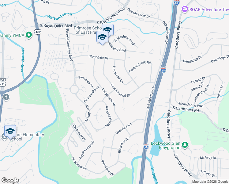 map of restaurants, bars, coffee shops, grocery stores, and more near 710 Countrywood Drive in Franklin