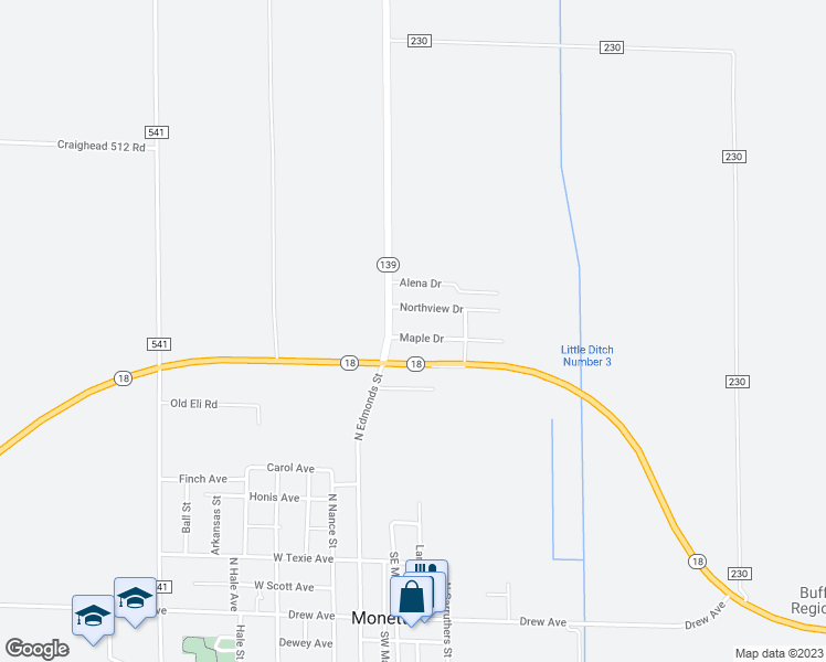 map of restaurants, bars, coffee shops, grocery stores, and more near 106 Maple Drive in Monette