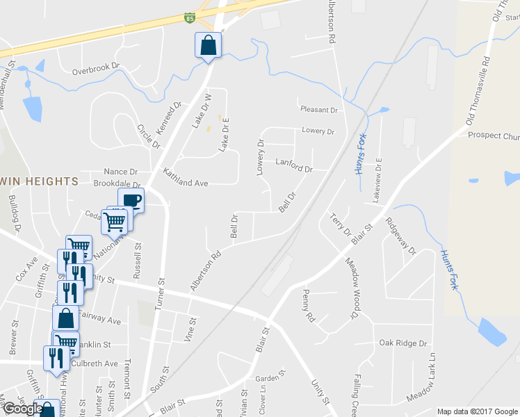 map of restaurants, bars, coffee shops, grocery stores, and more near 203 Bell Drive in Thomasville