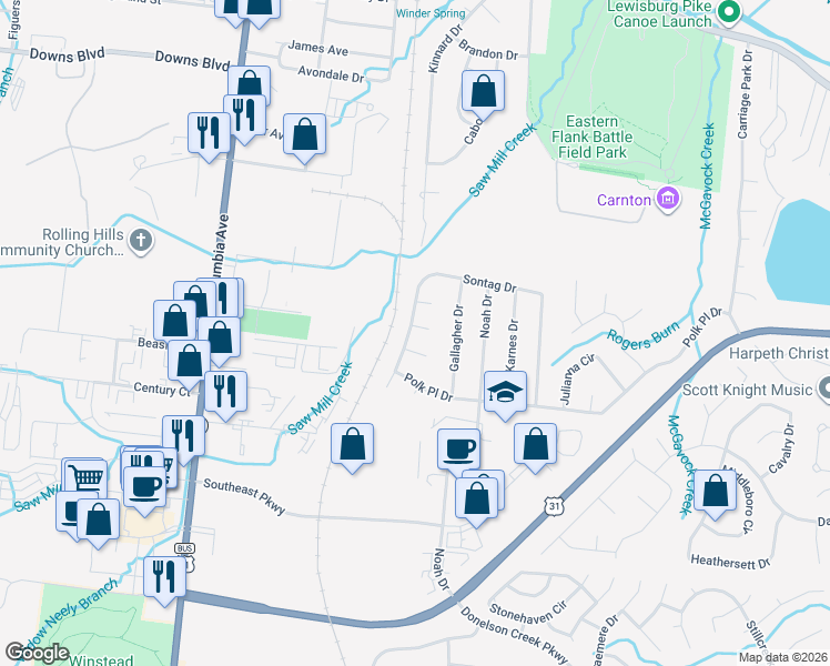 map of restaurants, bars, coffee shops, grocery stores, and more near 101 Tiffany Court in Franklin